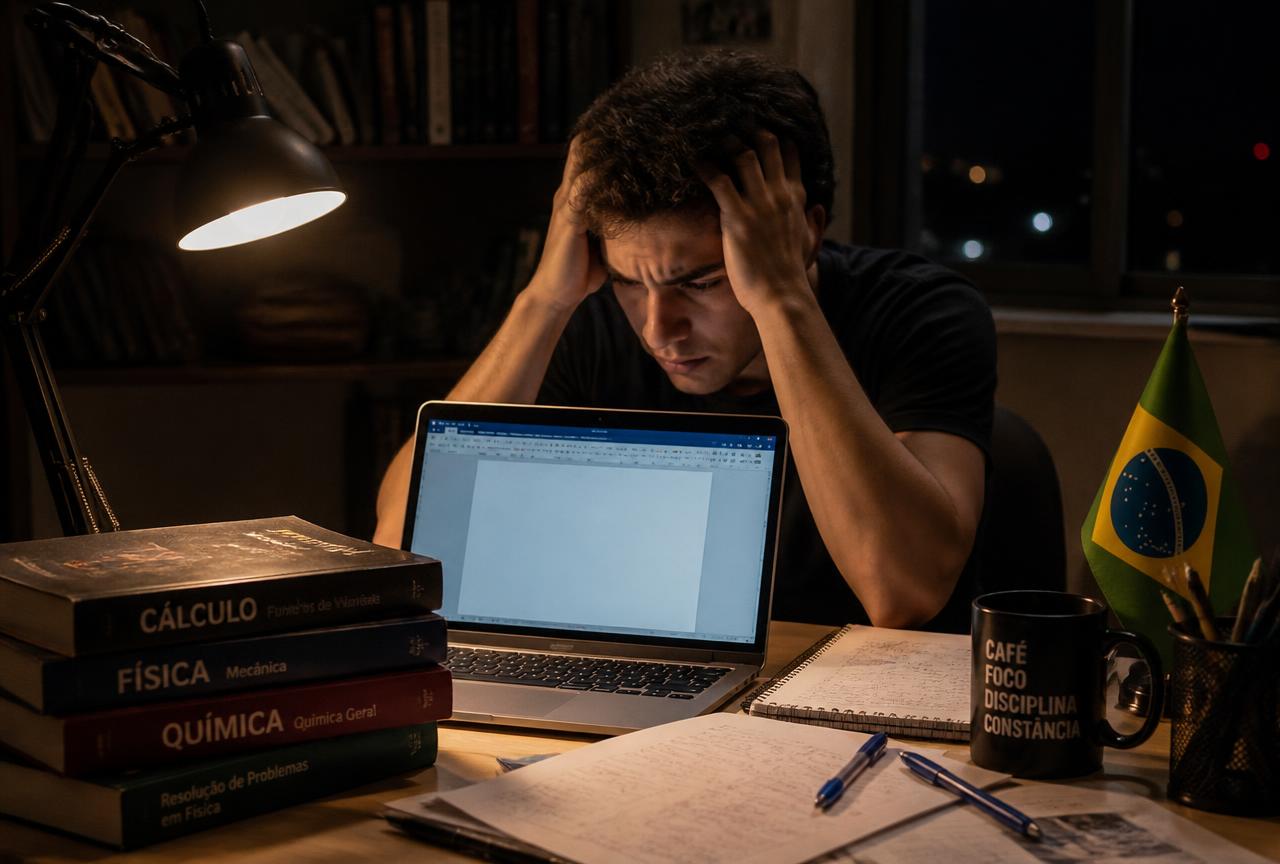 Estudante universitário à noite diante de um documento em branco